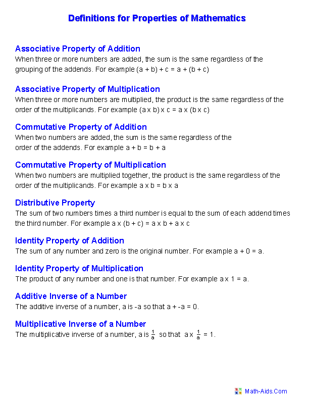 Addition Properties - Commutative, Associative, Identity, Inverse