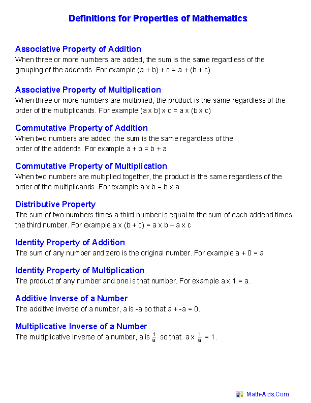 Properties Worksheets Properties Of Mathematics Worksheets