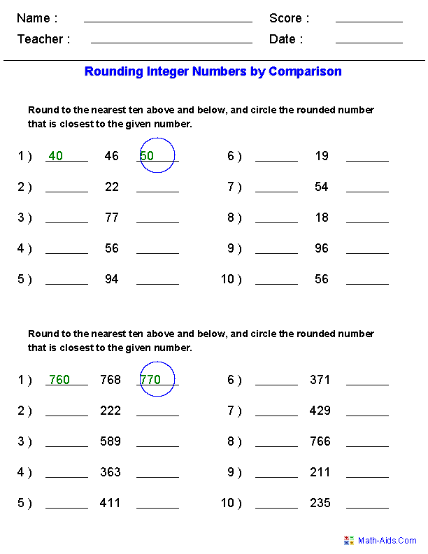 Rounding to the nearest 10 Worksheets