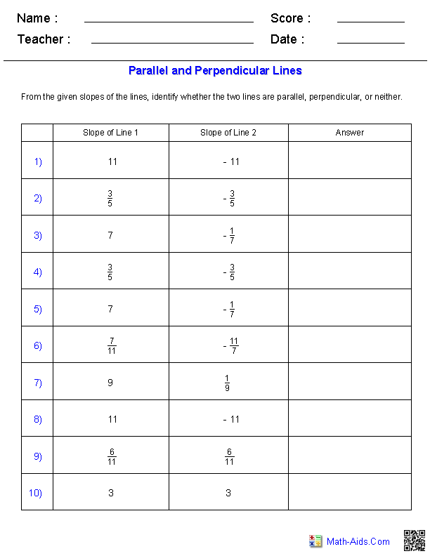 8th Grade Math Perpendicular Slope Worksheet