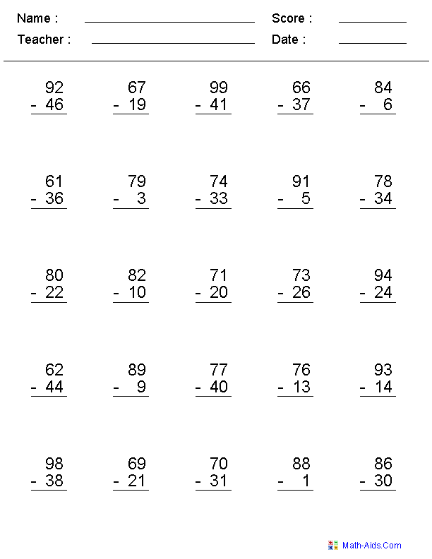 Subtraction Worksheets | Dynamically Created Subtraction Worksheets