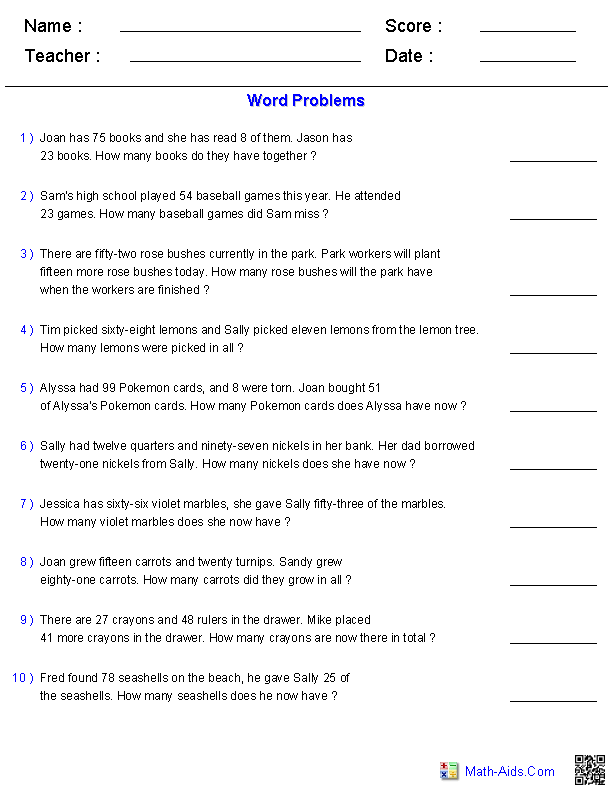 Word Problems Worksheets Dynamically Created Word Problems